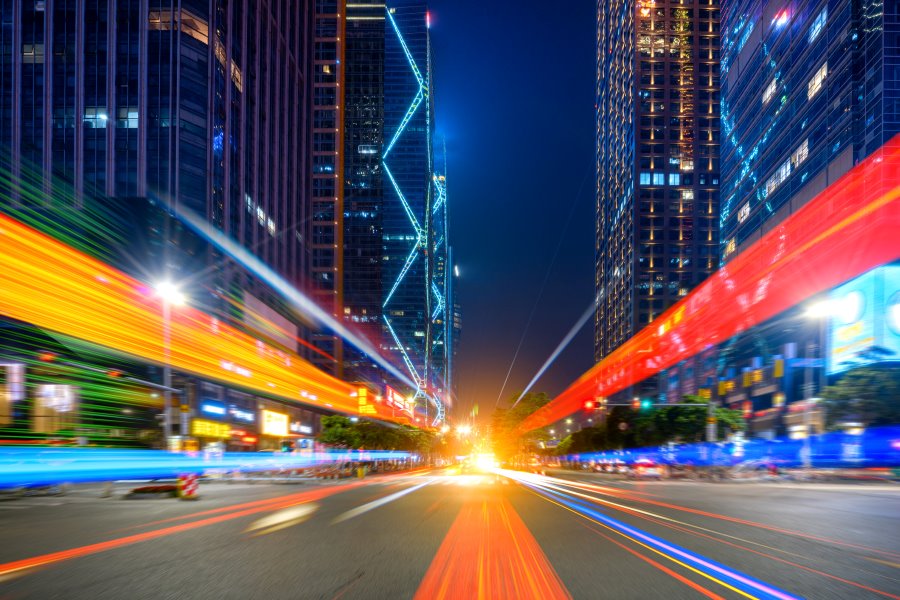 Abstract image of city road at night, blurred lights