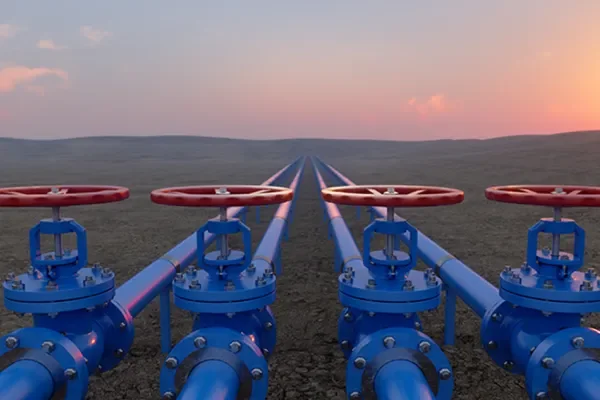 Blue pipes, red valves, sunset