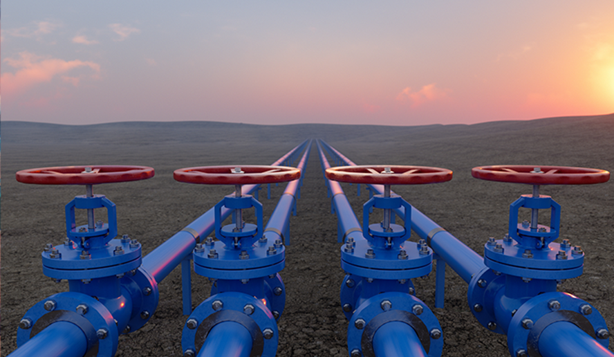 Oil Or Gas Transportation With Blue Gas Or Pipe Line Valves On Soil And Sunrise Background